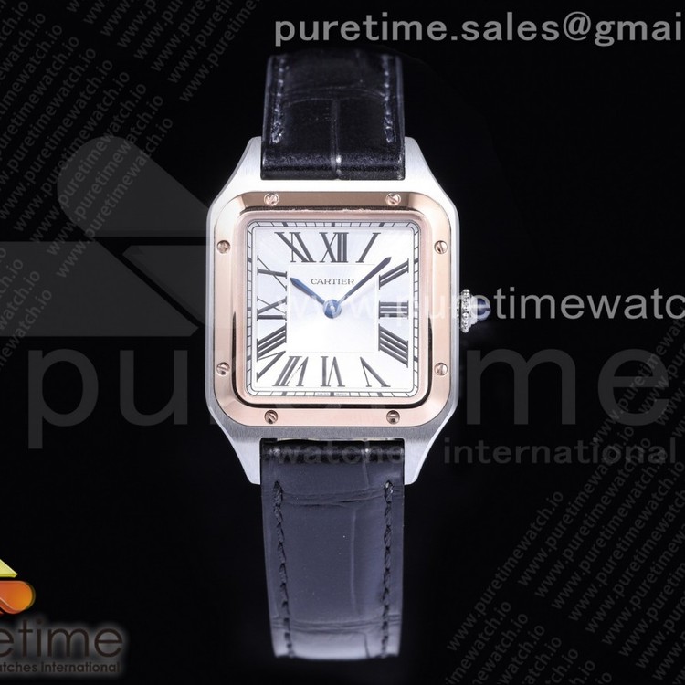 OX공장 산토스 27.5MM 로골콤비 실버다이얼 가죽스트랩 Santos 27.5mm SS/RG Silver Dial on Black Leather Strap Ronda Quartz