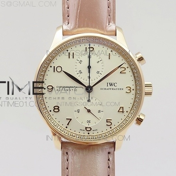 ZF공장 IWC 포르투기저 크로노그래프 PORTUGUESE IW3714 RG CASE DIAMOND WHITE DIAL RG NUMERAL ON PINK LEATHER STRAP A79350 (SLIM MOVEMENT)