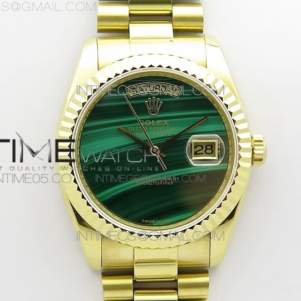 ED공장 롤렉스 데이저스트 36 옐로우골드금통 그린다이얼 Day date 432118 36mm YG EDF Best Edition Green Malachite Dial on SS President Bracelet A2836
