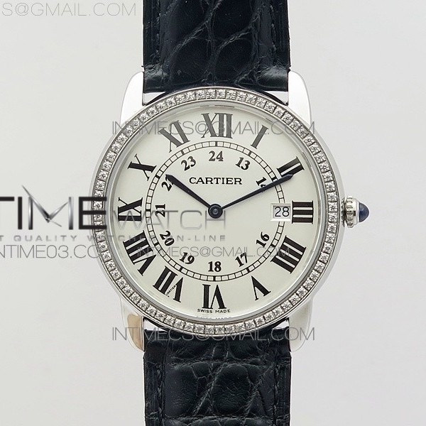 K11공장 까르띠에 롱드솔로 36MM 스틸&다이아케이스 화이트다이얼 가죽스트랩RONDE SOLO DE CARTIER 36MM SS/DIA WHITE DIAL ON BLACK CROCO LEATHER STRAP RONDA QUARTZ