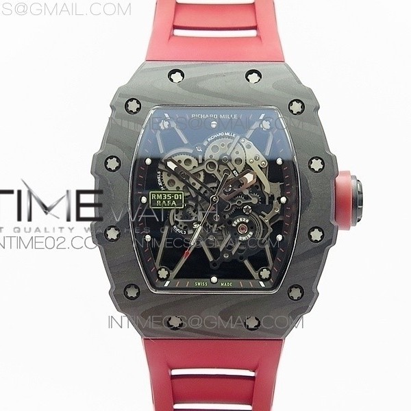 KV 리차드밀 RM035-01 카본케이스 스켈레톤다이얼 레드러버스트랩 RM035-01 FORGED CARBON CASE V2 SKELETON DIAL RED CROWN ON RED RUBBER STRAP MIYOTA8215
