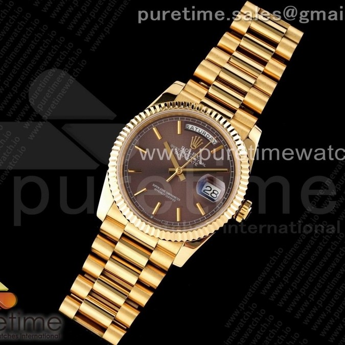GM공장 롤렉스 데이데이트 40 옐로우골드 금통 브라운다이얼 2836 Day Date 40 YG 904L Steel Fluted Bezel GMF 1:1 Best Edition Brown Stick Dial on YG Bracelet A2836