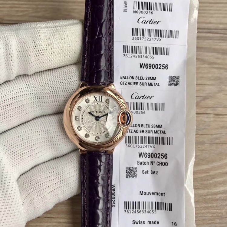 3A공장 까르띠에 발롱블루 28mm 로즈골드금장 화이트기요쉐다이얼 다이아몬드인덱스 퍼플엘리스트랩