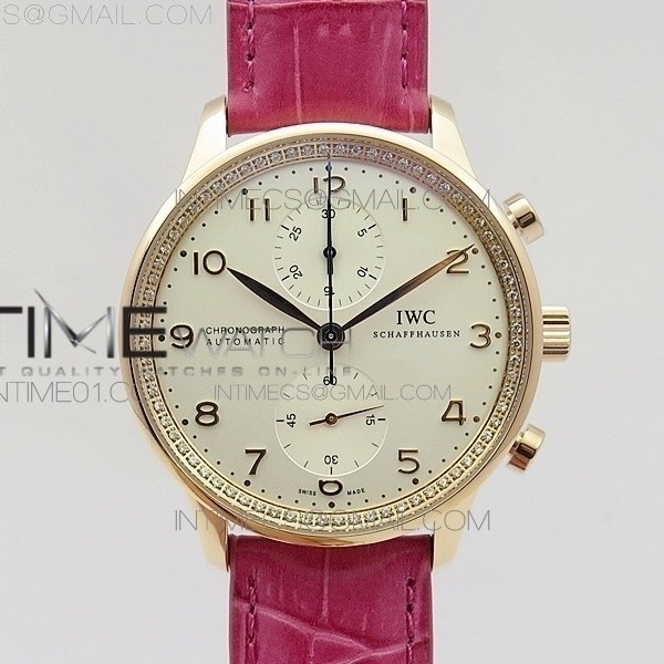 ZF공장 IWC 포르투기저 크로노그래프 PORTUGUESE IW3714 RG CASE DIAMOND WHITE DIAL RG NUMERAL ON DARK PINK LEATHER STRAP A79350 (SLIM MOVEMENT)