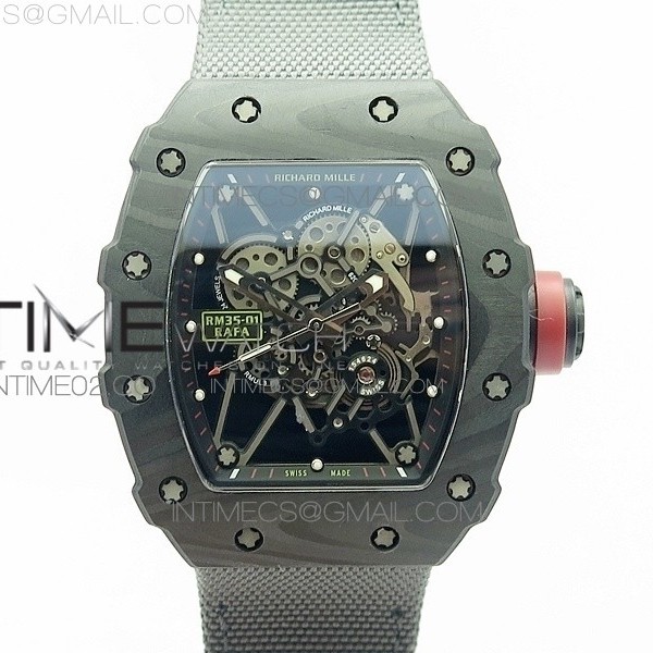 KV V2 리차드밀 RM035-01 카본 레드크라운 그레이나일론스트랩 RM035-01 FORGED CARBON CASE V2 SKELETON DIAL RED CROWN ON GRAY NYLON STRAP MIYOTA8215