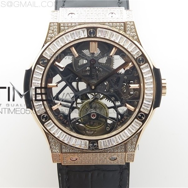 JB공장 클래식퓨전 로골올다이어 스켈레톤다이얼 거미스트랩 Classic Fusion Tourbillion JBF RG Black dial Diamond Bezel & Case on Leather Strap HUB6010