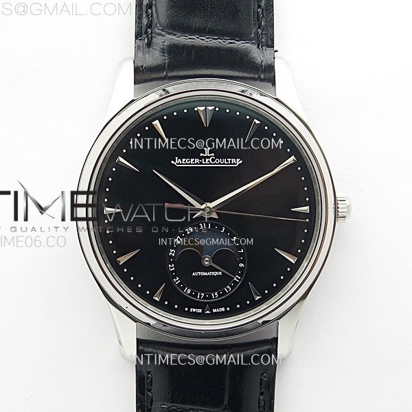 ZF공장 예거르쿨트르 마스터 울트라씬 문페이즈 스틸 블랙다이얼 Master Ultra Thin Moon 1368420 SS Black Dial on Black Leather Strap V3 SA925 Super Clone