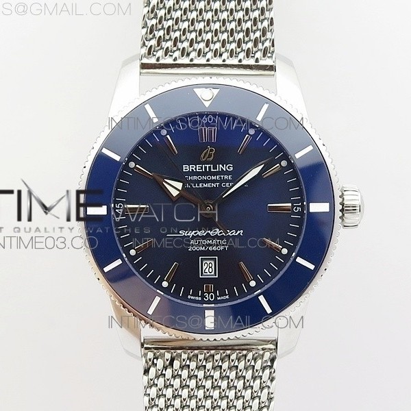 브라이틀링 슈퍼오션 헤리티지 스틸 블루다이얼 세라믹베젤 매쉬밴드 SUPER OCEAN HERITAGE BLUE CERAMIC BEZEL SS BLUE DIAL ON SS BRACELET A2824