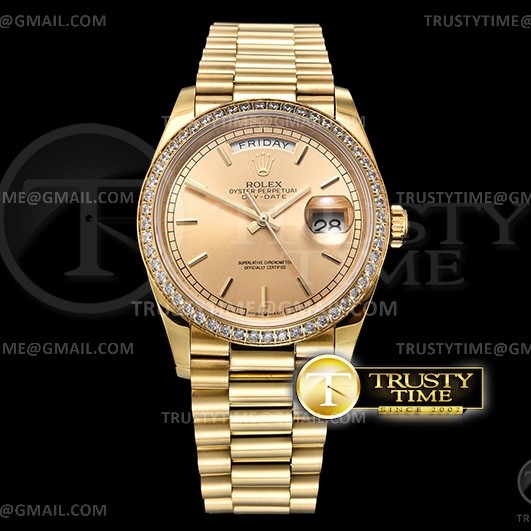 EW공장 롤렉스 데이데이트 36 옐로우골드 금통 샴페인다이얼 3255 DayDate 36mm Dia Pres YG/YG Gold Stk EWF A3255 Mod
