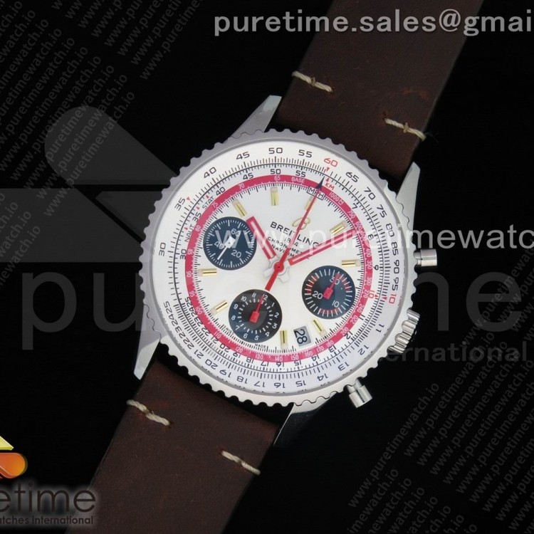 TW공장 브라이틀링 내비타이머 크로노 화이트다이얼 가죽스트랩 Navitimer B01 Chronograph 43 White Dial Gold Markers on Brown Leather Strap A7750