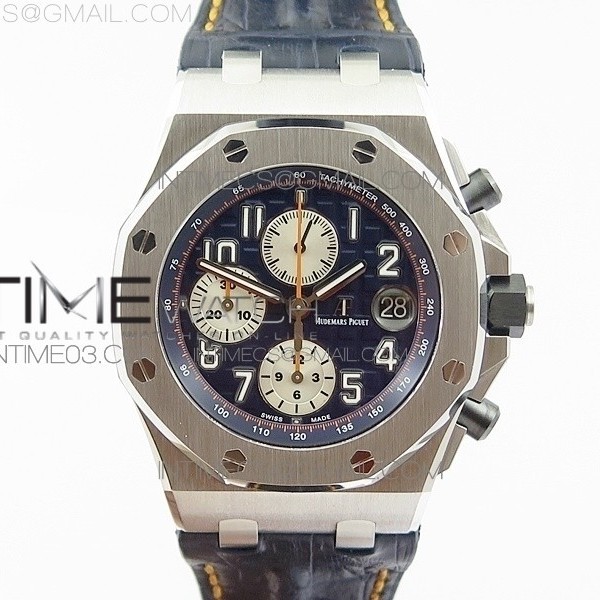 JF공장 v2 오데마피게 로얄오크오프쇼어 크로노그래프42mm 2014 네이비앤화이트 투톤다이얼 네이비가죽스트랩 ROYAL OAK OFFSHORE NAVY 2014 BLUE DIAL ON BLUE LEATHER STRAP A3126 (FREE RUBBER STRAP)