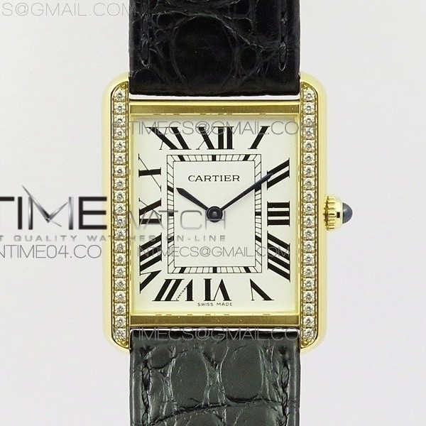 AF공장 까르띠에 탱크솔로 27 다이아베젤 옐로우골드금장 화이트다이얼 가죽스트랩 TANK SOLO LADIES 27MM DIA BEZEL WHITE DIAL ON BLACK LEATHER STRAP RONDA QUARTZ