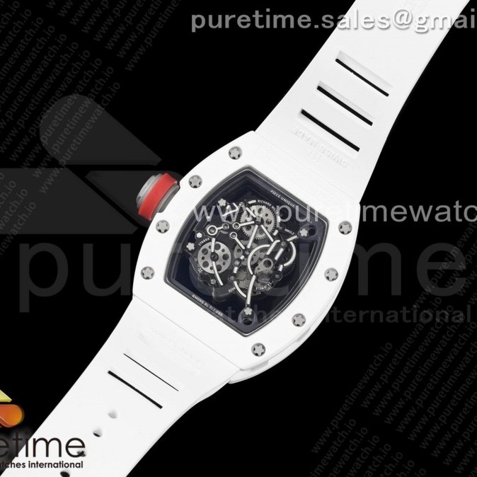 KV공장 V3 RM055 세라믹 스켈레톤다이얼 러버 RM055 White Ceramic KVF Best Edition Skeleton Dial Black Case on White Rubber Strap MIYOTA8215 V3