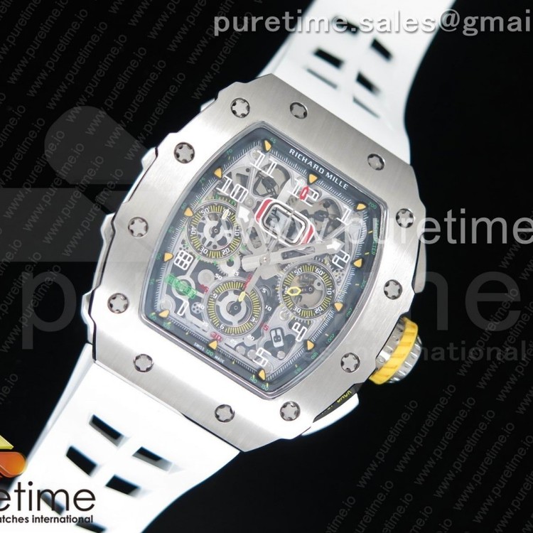 KV공장 리차드밀 RM11-03 스틸 크리스탈스켈레톤다이얼 화이트레이싱러버스트랩 RM11-03 SS Crystal Skeleton Dial on White Racing Rubber Strap A7750