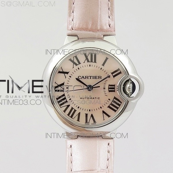 V6공장 까르띠에 발롱블루 드 까르띠에 33mm 핑크자개판 오토메틱 BALLON BLEU 33MM SS PINK MOP DIAL ON SS PINK LEATHER STRAP SEIKO NH05A