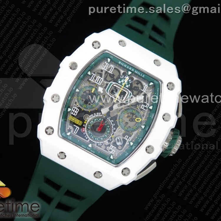 KV공장 리차드밀 RM011 화이트세라믹케이스 스켈레톤다이얼 러버스트랩 RM011 Real White Ceramic Chronograph Crystal Skeleton Dial Green on Green Rubber Strap A7750