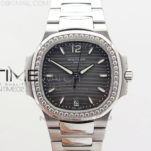 PF공장 파텍필립 노틸러스점보 레이디 7118 스틸 다이아몬드베젤 그레이다이얼 NAUTILUS JUMBO LADIES 7118 GRAY TEXTURED DIAL DIAMONDS BEZEL ON SS BRACELET A324 CLONE