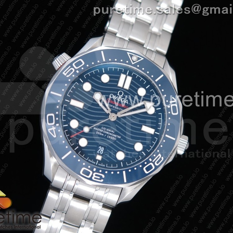 OM공장 오메가 씨마스터 다이버300 스틸 블루물결텍스쳐다이얼 브레이슬릿 2018 Seamaster Diver 300M Blue Ceramic Blue Dial on SS Bracelet A8800 (Black Balance Wheel)