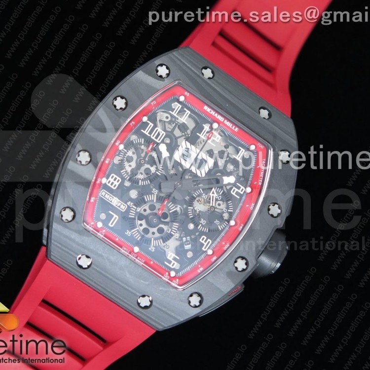 KV공장 리차드밀 RM011 NTPT 카본크로노 스켈레톤 레드이너베젤 레드러버스트랩 RM011 NTPT Carbon Chrono Crystal Skeleton Dial Red Inner Bezel on Red Rubber Strap A7750
