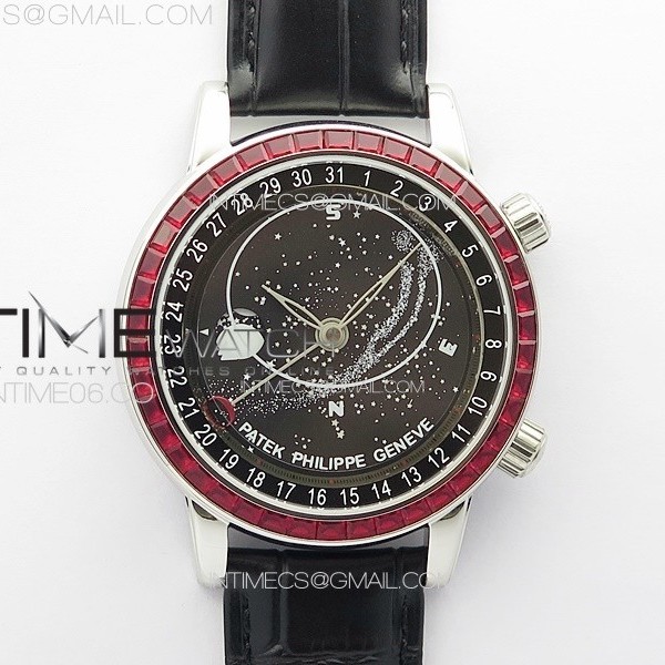 3E공장 파텍필립 6104P 문 레드다이아몬드배젤 블랙다이얼 블랙가죽스트랩 6104P Moon SS 3EF Best Edition Black Dial Red T Diamond Bezel on Black Leather Strap A240