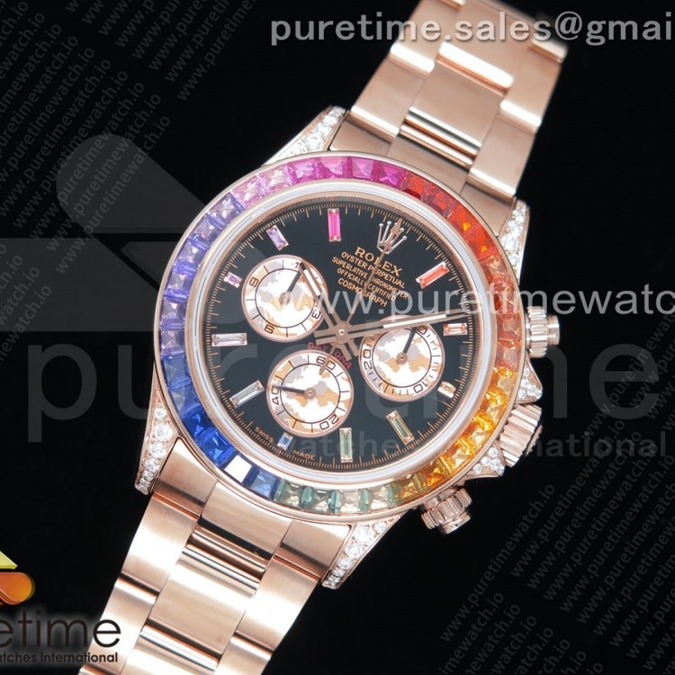 OM공장 롤렉스 데이토나 로즈골드 금통 레인보우 바게트베젤 블랙다이얼 Daytona 116595RBOW RG Rainbow Crystal Black Dial on RG Bracelet A4130