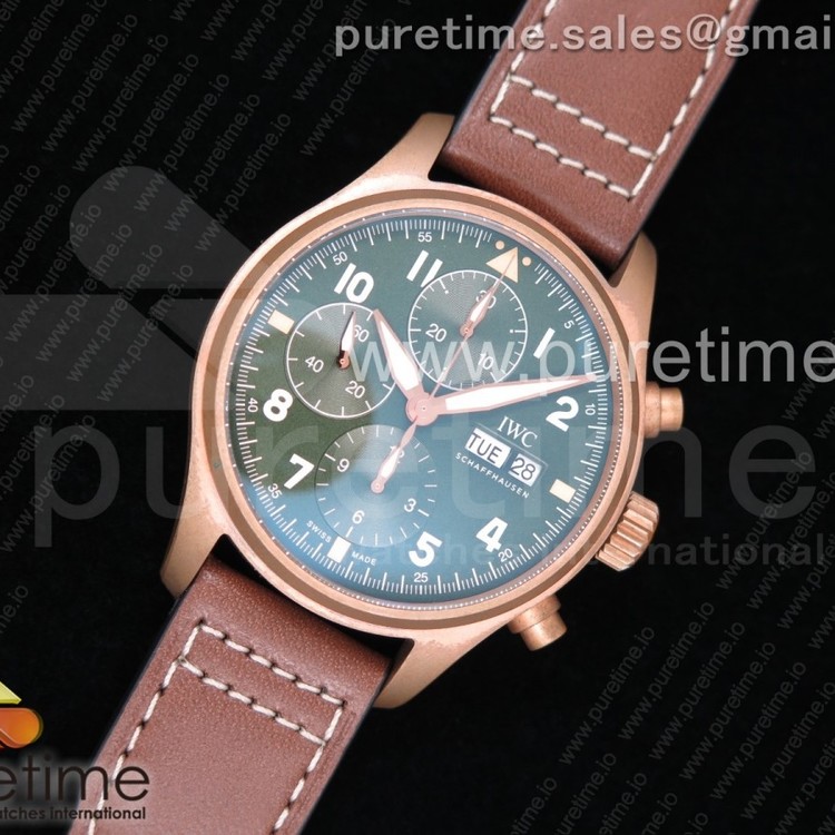 AI공장 IWC 파일럿 크로노그래프 스핏파이어 브론즈케이스 그린다이얼 가죽스트랩 IWC Pilot Chrono Spitfire IW387902 Bronze Green Dial on Brown Leather Strap A7750