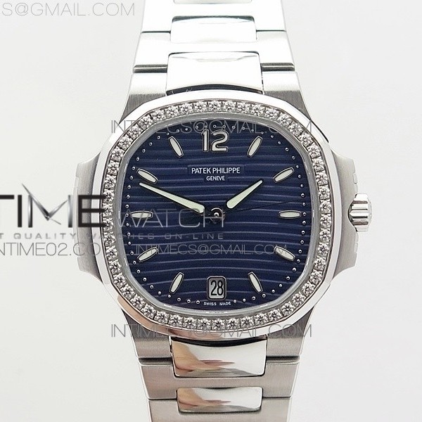 PF공장 파텍필립 노틸러스점보 레이디 7118 스틸 다이아몬드베젤 블루다이얼 NAUTILUS JUMBO LADIES 7118 BLUE TEXTURED DIAL DIAMONDS BEZEL ON SS BRACELET A324 CLONE