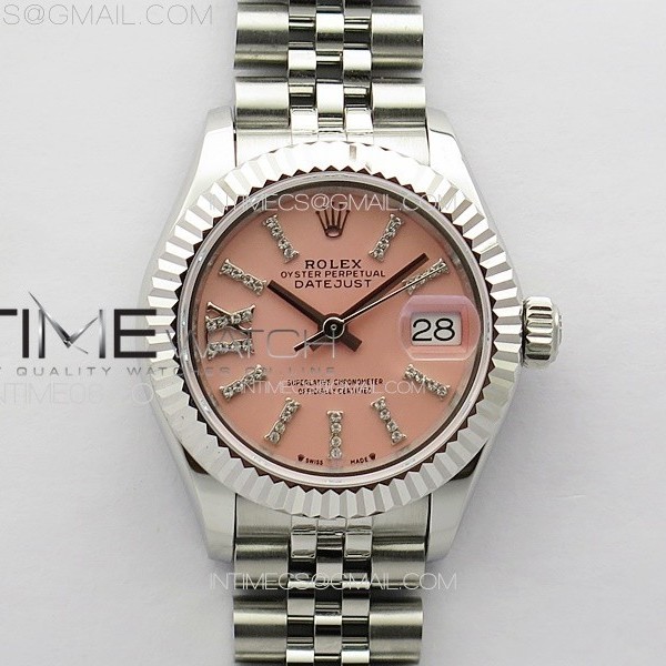 APS공장 롤렉스 레이디 데이저스트 28 스틸 핑크다이아몬드다이얼 플루티드베젤 쥬빌레브레이슬릿 Datejust 28mm 279179 SS APSF Best Edition Pink Dial Sticks Crystals Markers on SS Jubilee Bracelet NH05